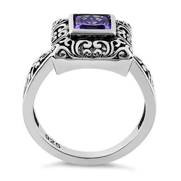 Sterling Silver Ornate Square Cut Amethyst CZ Ring New - Picture 3 of 11